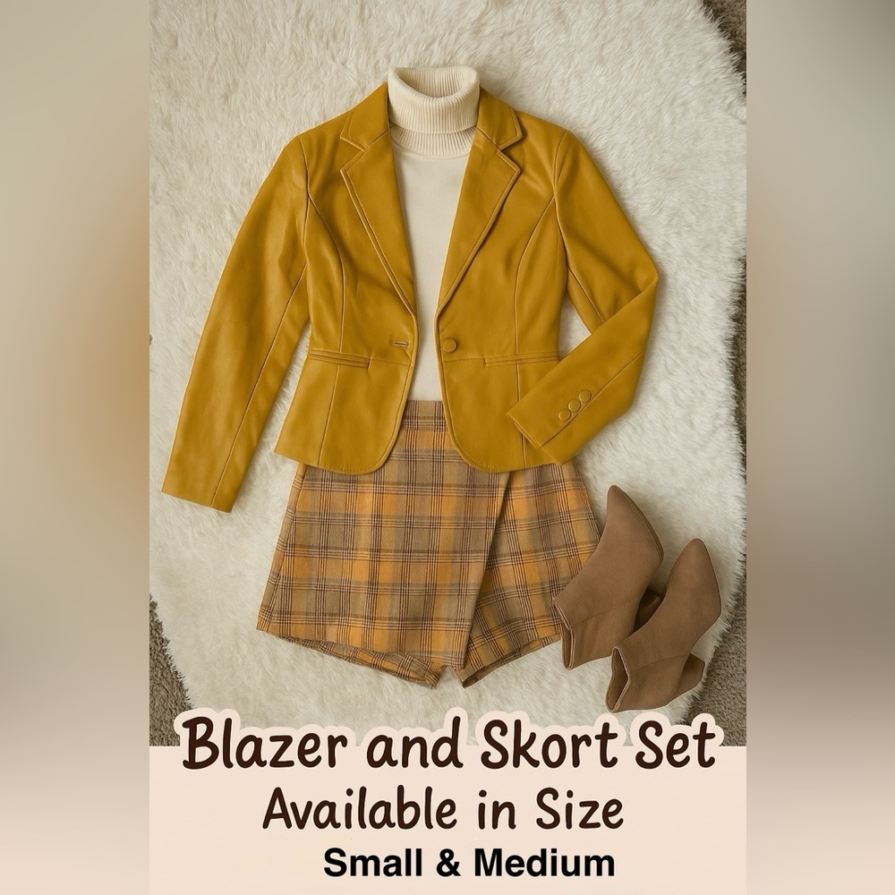 Rosevelvet Mustard Faux Leather Blazer & Lulus Plaid Wrap Skort Set – Size S & M